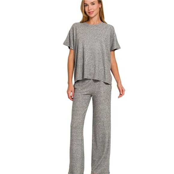 Zenana Soft Melange Short Sleeve Tee & Long Pants Set - Picture 1 of 3